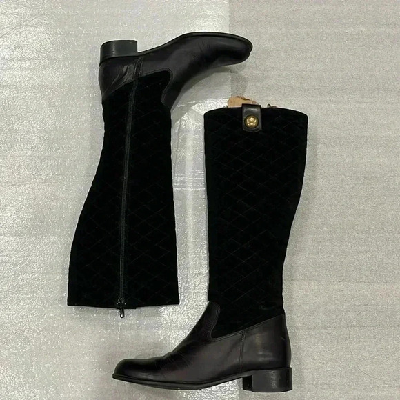 [38/8B]Massimo Baldi Quilted  Suede Mixed Leather Knee Boots - Picture 1 of 14